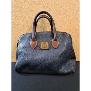 Vintage Madallion Navy Leather Handbag With Brass Logo Plate & Brown Straps